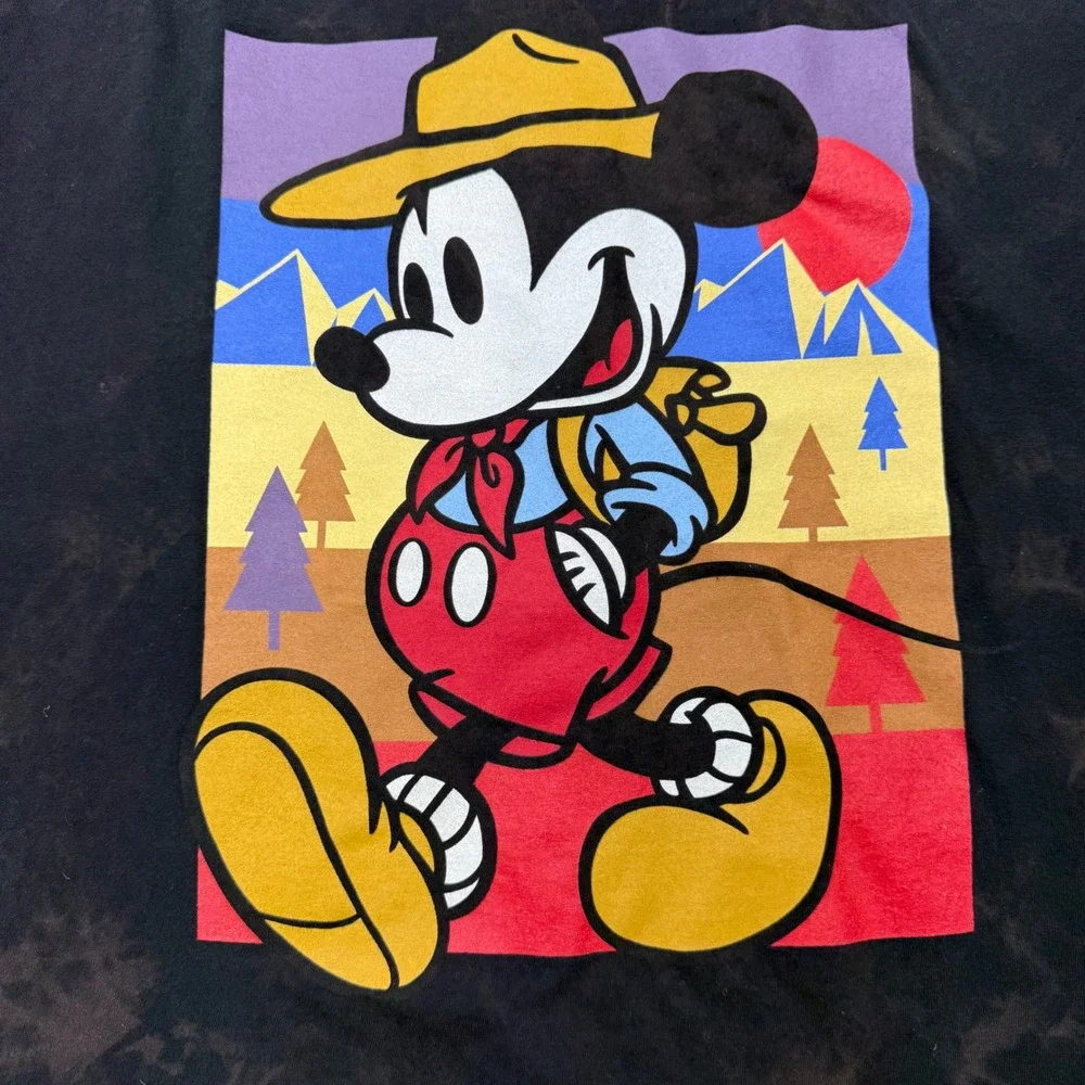 Disney Mickey Mouse Hiking‎ Graphic Tee Black Acid Wash Men Medium Mad Engine